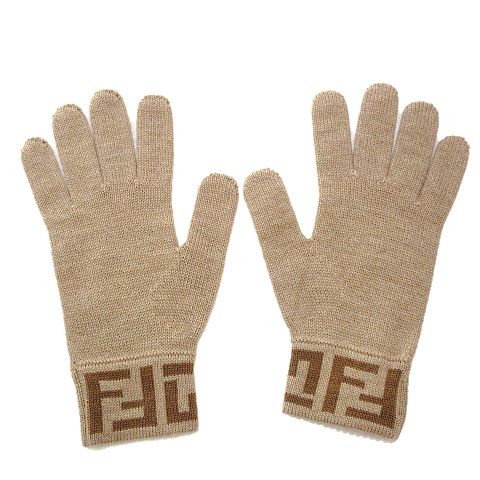 フェンディ FENDI ニット グローブ 手袋 FFロゴ ジャガード ベージュ系 ウール AA