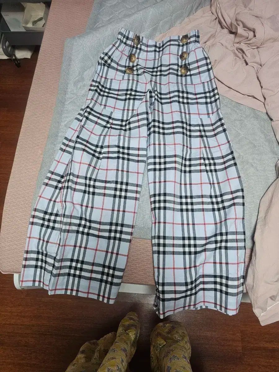 チェック柄 ワイド ボタン パンツ キッズ