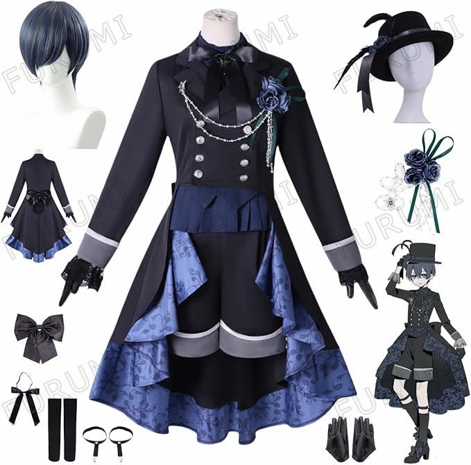黒執事 シエル ファントムハイヴ コスプレ衣装 ウィッグ付き カツラ 黒いバラ 全セット アクセサリー ぼうし 胸飾り ネクタイ 手袋 靴下付き Cosplay ハロウィン クリスマス イベンド 文化祭 学園祭