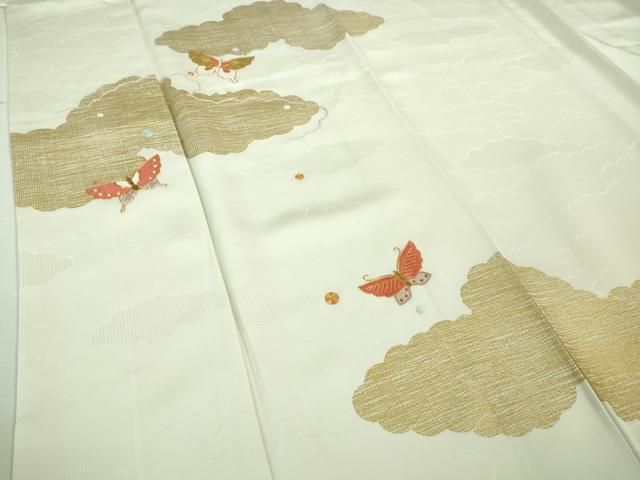 平和屋本店■極上　銀座きしや　訪問着　駒刺繍　雲取り舞蝶文　生成り色地　金彩　たとう紙付き　逸品　未使用　DZAA7579kh5 平和屋本店□極上 銀座きしや 訪問着 駒刺繍 雲取り舞蝶文 生成り色地