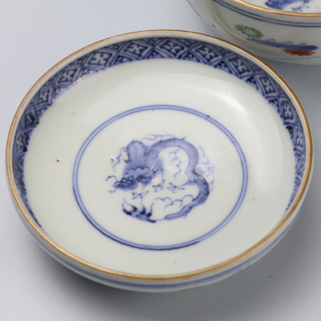729 骨董 アンティーク 古伊万里 羽根市松図飯椀 2点組 茶碗 染付 314 色絵 染付 唐子 牛 古伊万里 伊万里焼 骨董 アンティーク 飯