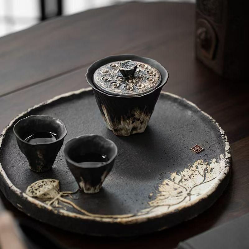 200ml 手工陶器 和風茶器 墨色茶杯 蓮花デザイン 茶道具 雅趣-157