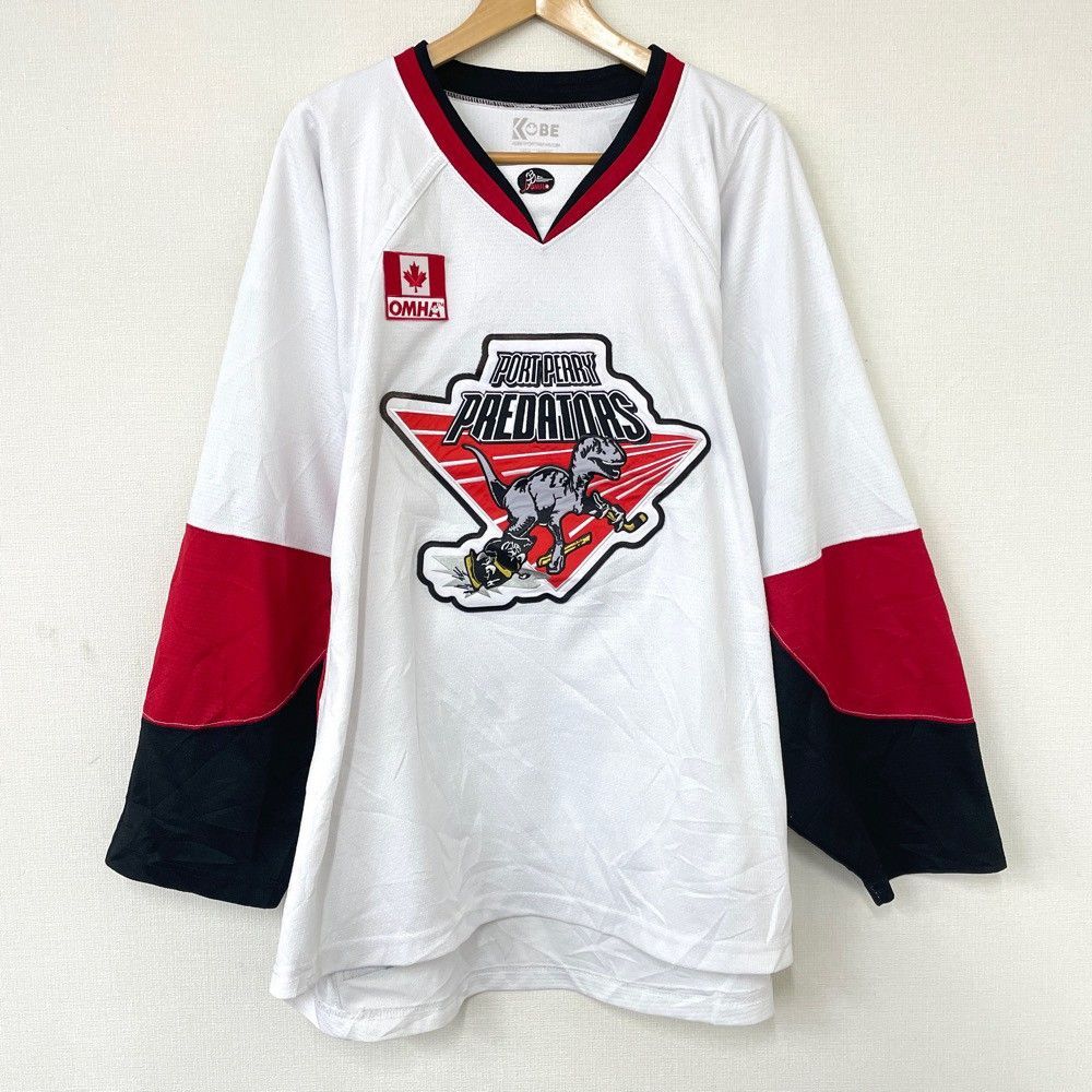 KOBE PORT PERRY PREDATORS ポート ペリー プレデターズ メッシュ ホッケージャージ ロングスリーブ 長袖 ロゴ ワッペン サイズ：2XL ホワイト×ブラック×レッド MADE IN CANADA