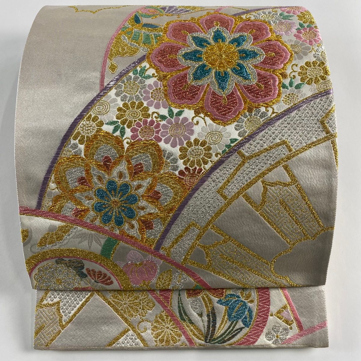 蘇州刺繍 相良刺繍 明綴れ地 袋帯 金糸 正絹 お太鼓柄 七色 蘇州刺繍 相良