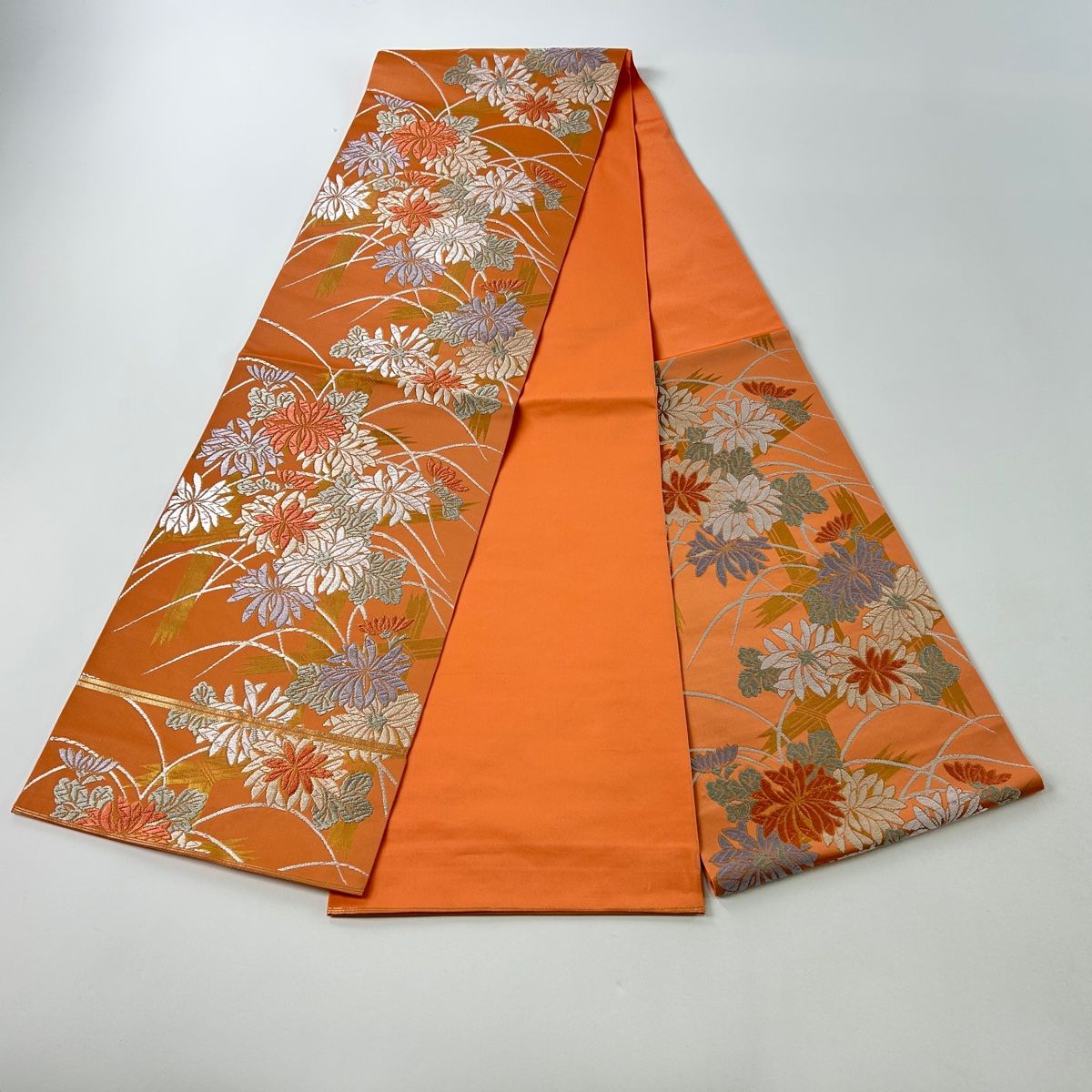袋帯 秀品 川島織物 落款 関西仕立て 菊 葉柄 箔 サーモンピンク
