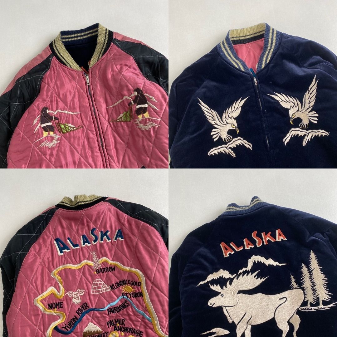 テーラー東洋 スカジャン TT11593 ALASKA 鷹 刺しゅう ベロア×サテン リバーシブル ネイビー×ピンク KANDAIZUMI_COM