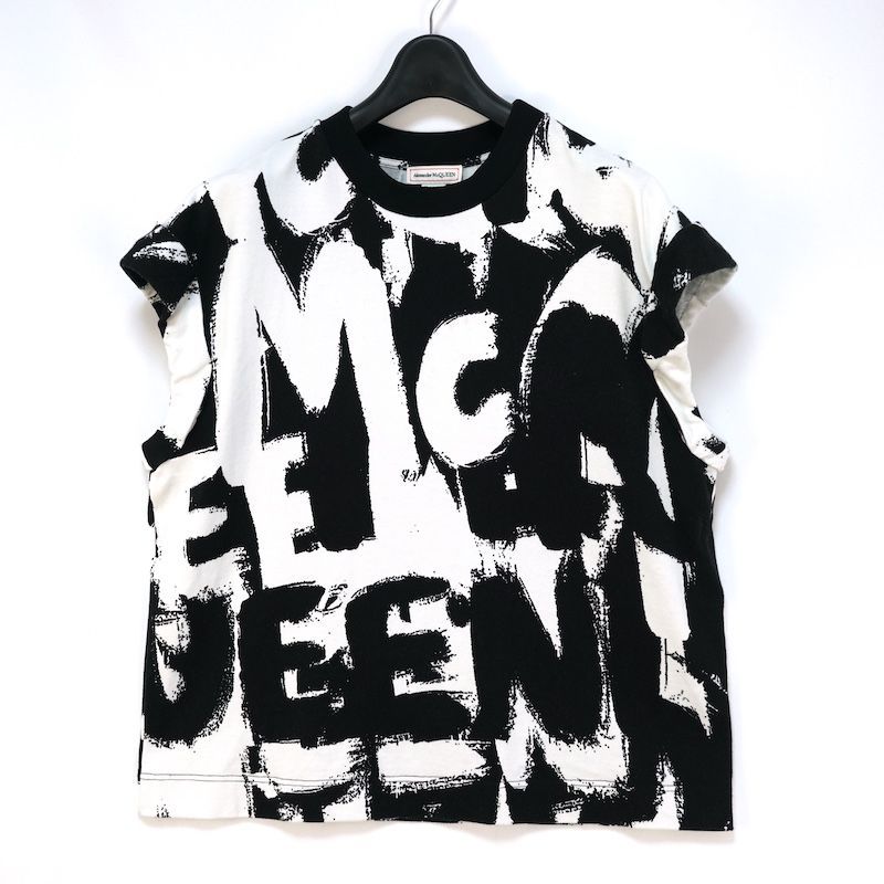 Alexander McQUEEN アレキサンダーマックイーン 総柄 グラフィック ノースリーブ Tシャツ ホワイト ブラック40サイズ 165|88A 711259 QZAGN