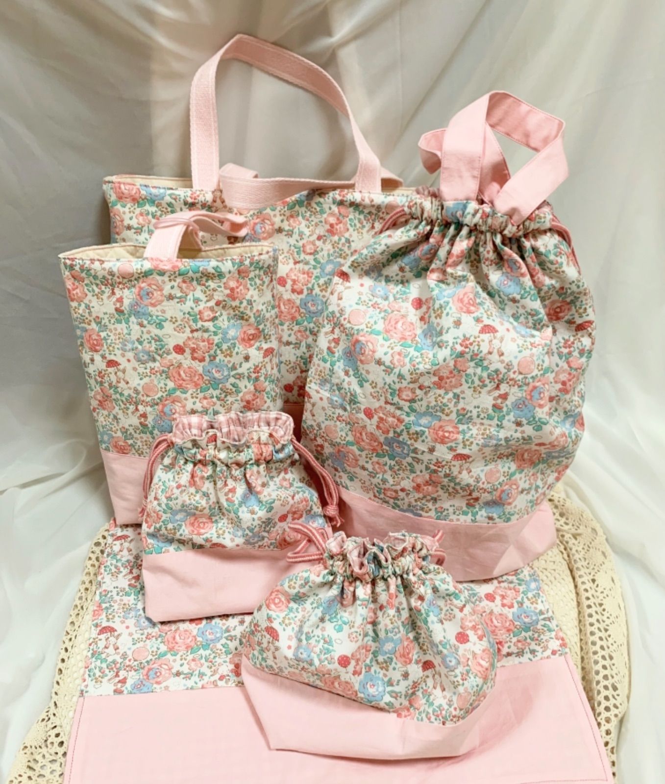 6点セット】女の子通園グッズ 入園入学準備 ウサギとお花 入園