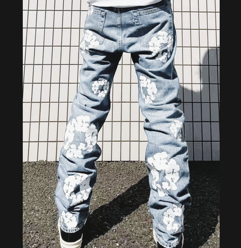 デニムパンツ メンズ ジーンズ 花柄 プリント ペイント風 ストリート系 