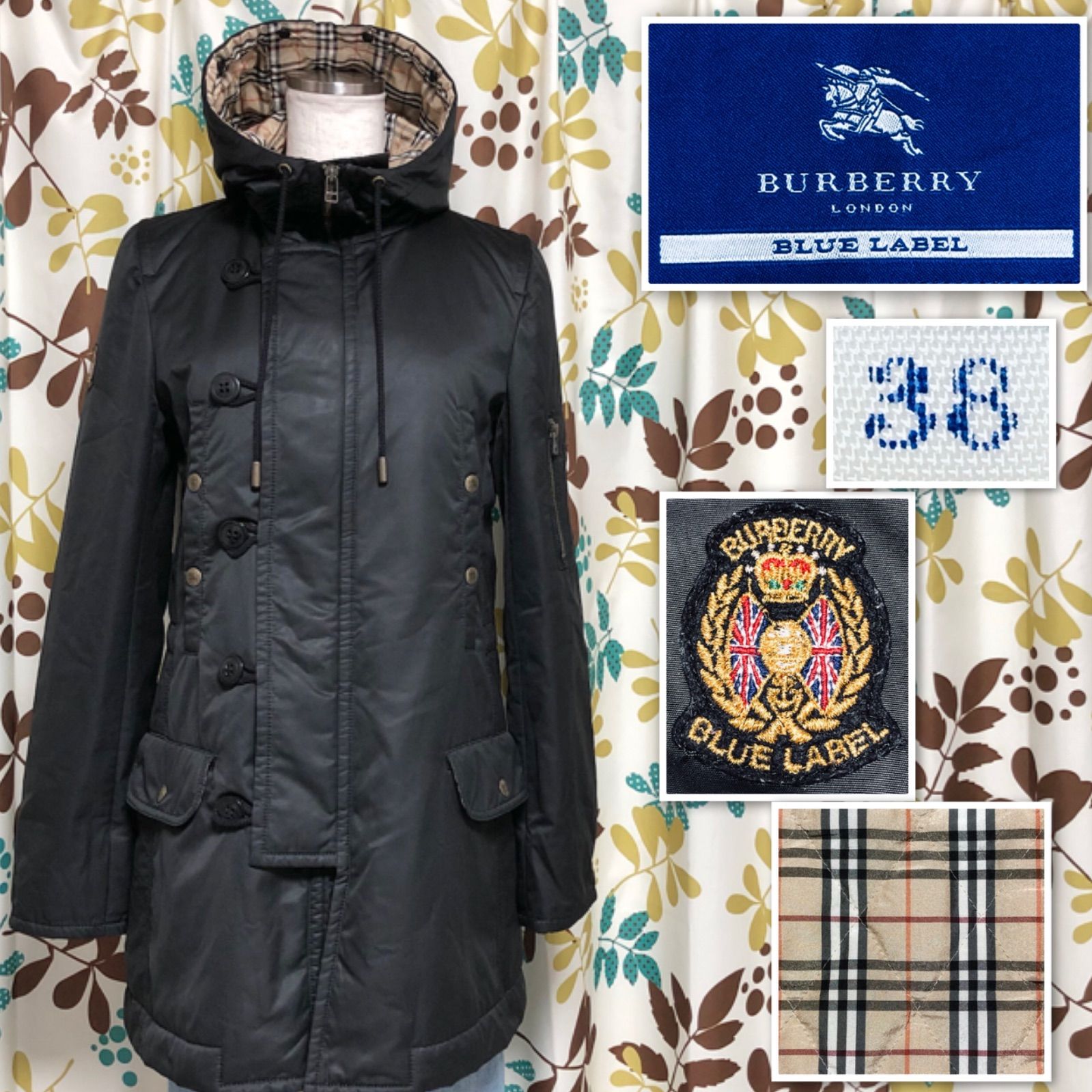 □美品□希少□BURBERRY BLUE LABEL バーバリーブルーレーベル N-3B フライトジャケット ミリタリーコート ロゴワッペン 中綿  size38(サイズM相当) ブラック×裏地総ノバチェック 三陽商会 ロゴボタン+金ボタン レディース - メルカリ