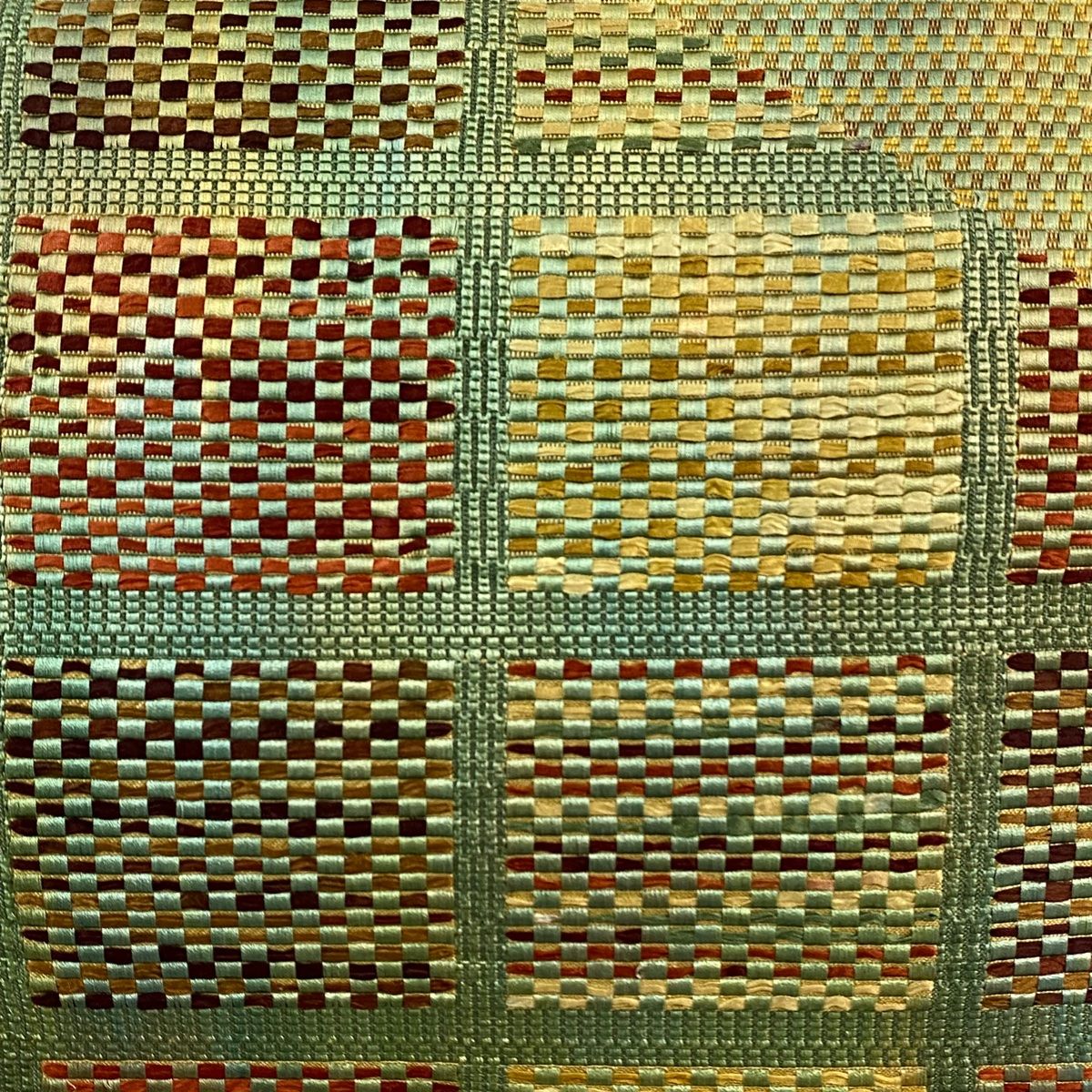 袋帯 秀品 格子 市松 箔 灰緑 お太鼓柄 正絹