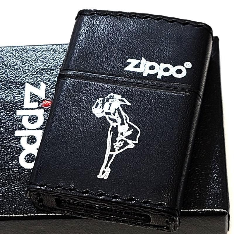 ジッポ ウィンディ 本革巻き ZIPPO ライター ブラック 銀箔押し おしゃれ レトロ WINDY かわいい アメリカン 黒 レディース メンズ プレゼント ギフト