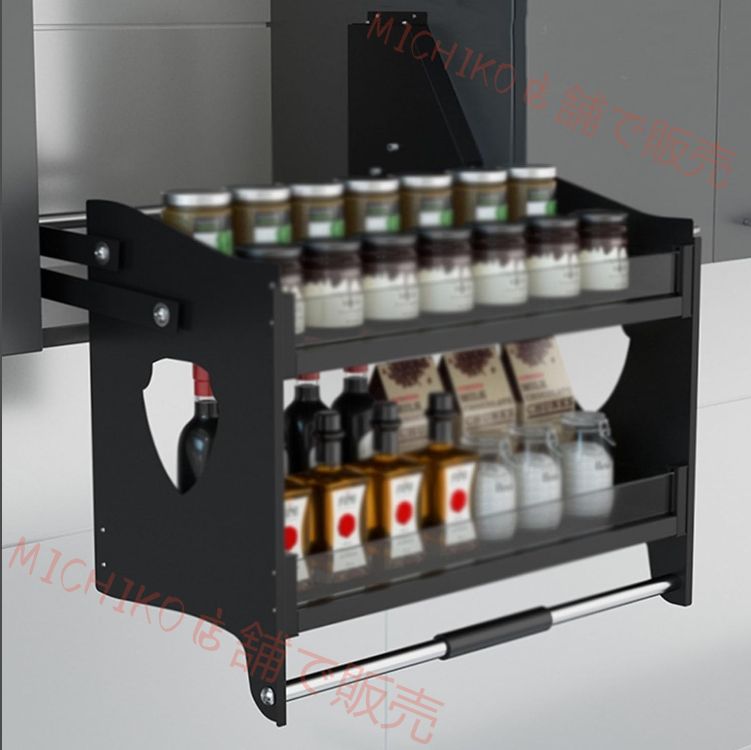 昇降式吊戸棚 プルダウン上部キャビネット棚 キッチンウォールキャビネットリフト プルダウン棚ウォールキャビネットストレージオーガナイザー キッチン カフェキャビネット パントリー用 ブラック 610x280x530mm HOMU-JOURNEY_COM