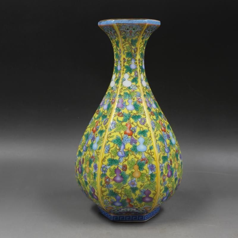 蒔金琺瑯彩六方玉壺春瓶 景徳鎮 陶磁器 装飾品 現代工芸品 美術