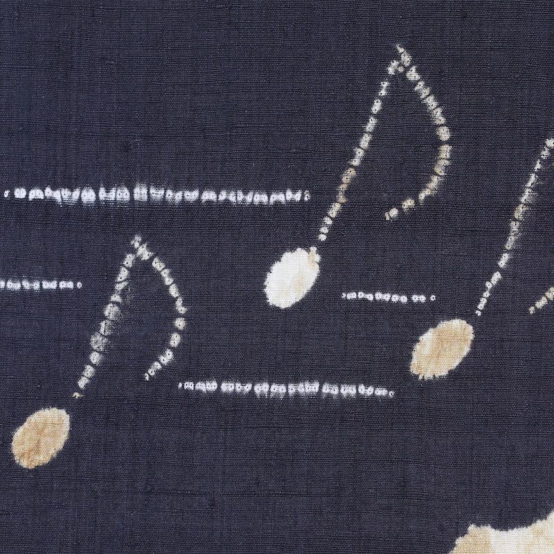 袋帯 赤城紬 黒 茶 縫いとり絞り チェロ 音符 フルート /1423 - キモノ