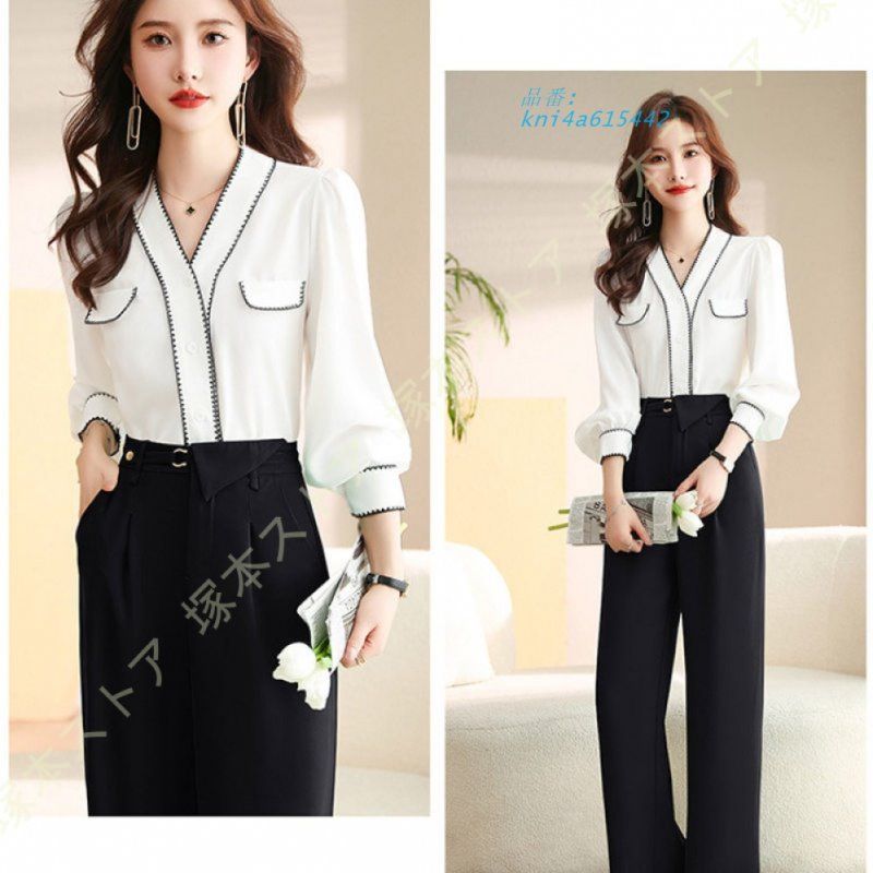 レディース セットアップ パンツスーツ パンツドレス 袖あり トップス ワイドパンツ ドレス シフォン シャツ 結婚式 ブラウス フォーマル ゆったり kni4a615442 MAAHADDERANG_COM