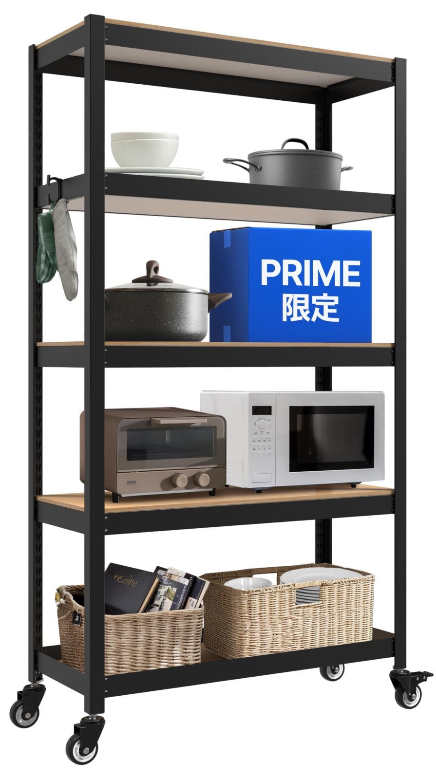 新着商品 キャスター付き 車輪 ブラック 高さ176 高さ調整 奥行40 棚 幅90 収納棚 5段 メタルラック キッチン スチールラック 倉庫 ラミネート ガラージ 組立簡単 オフィス House 業務用 HOMEDANT