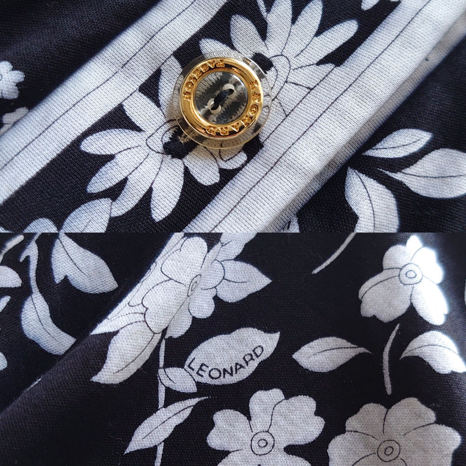 レオナール トリム ロゴ トップス 花柄 Vネック ブラック M コットン