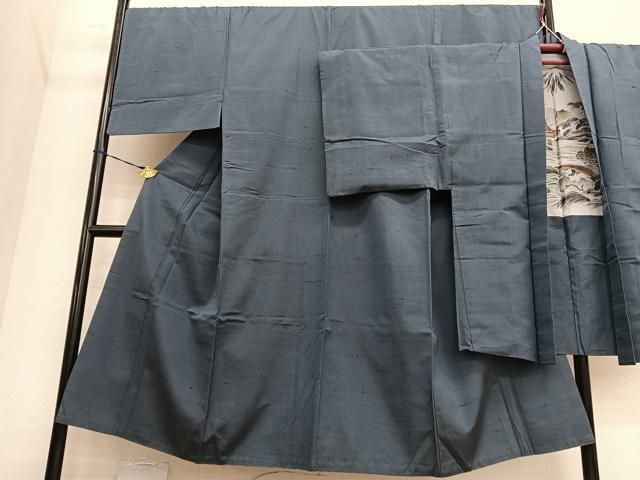 平和屋着物●男性 紬 アンサンブル 色無地 錆鼠色 キングサイズ 正絹 BAAT3186hv