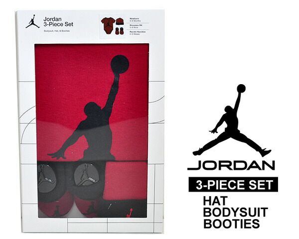ナイキ ジョーダン スリーピースセット NIKE JORDAN 3-PIECE SET HAT|BODYSUIT|BOOTIES lj0041-h24 レッド ブラック ベビー インファント ロンパース