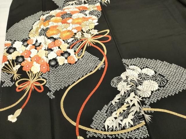 平和屋着物□豪華黒留袖 駒刺繍 地紙花鳥文 金彩 金銀糸