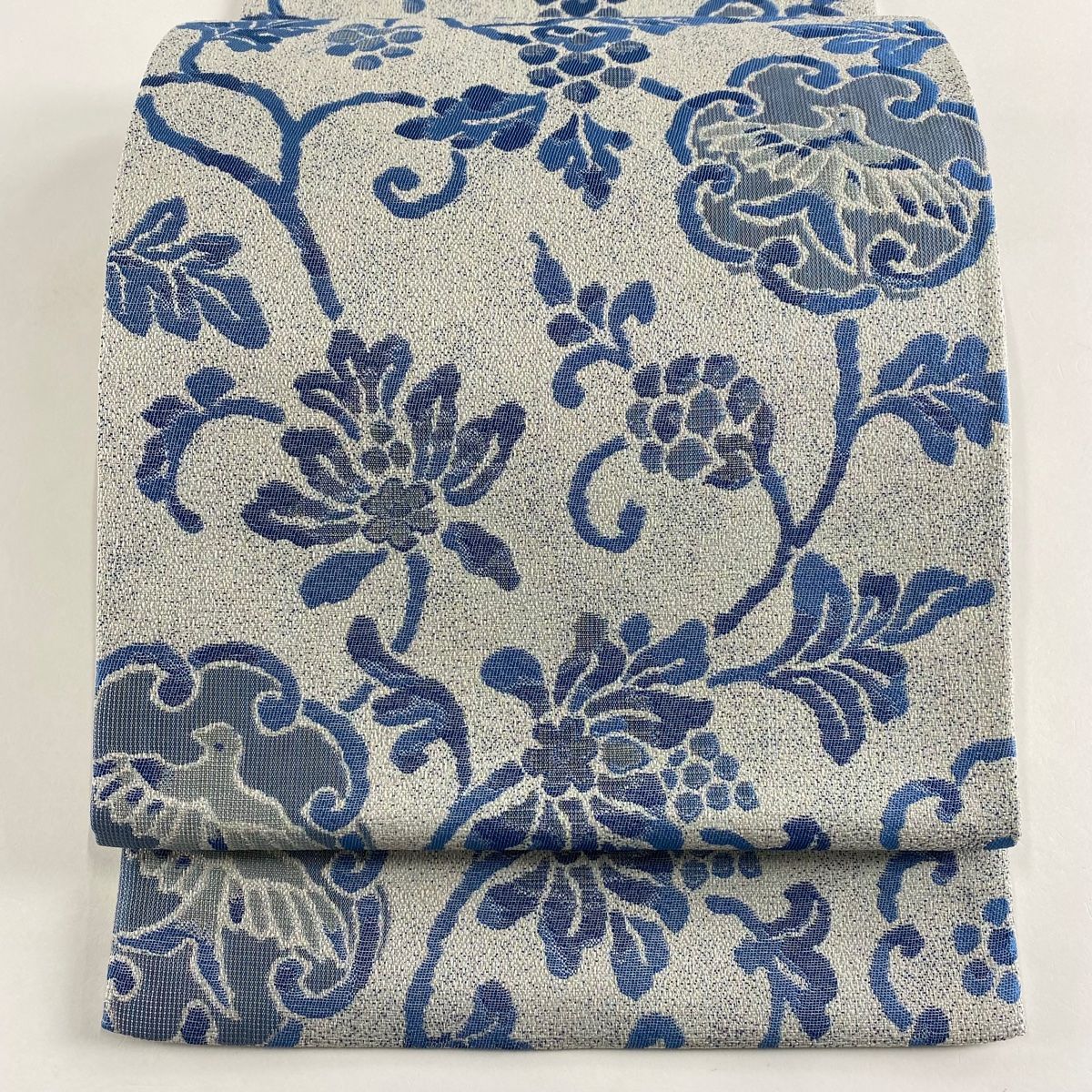 袋帯 名品 葉と実 ラメ箔 青灰色 六通 正絹
