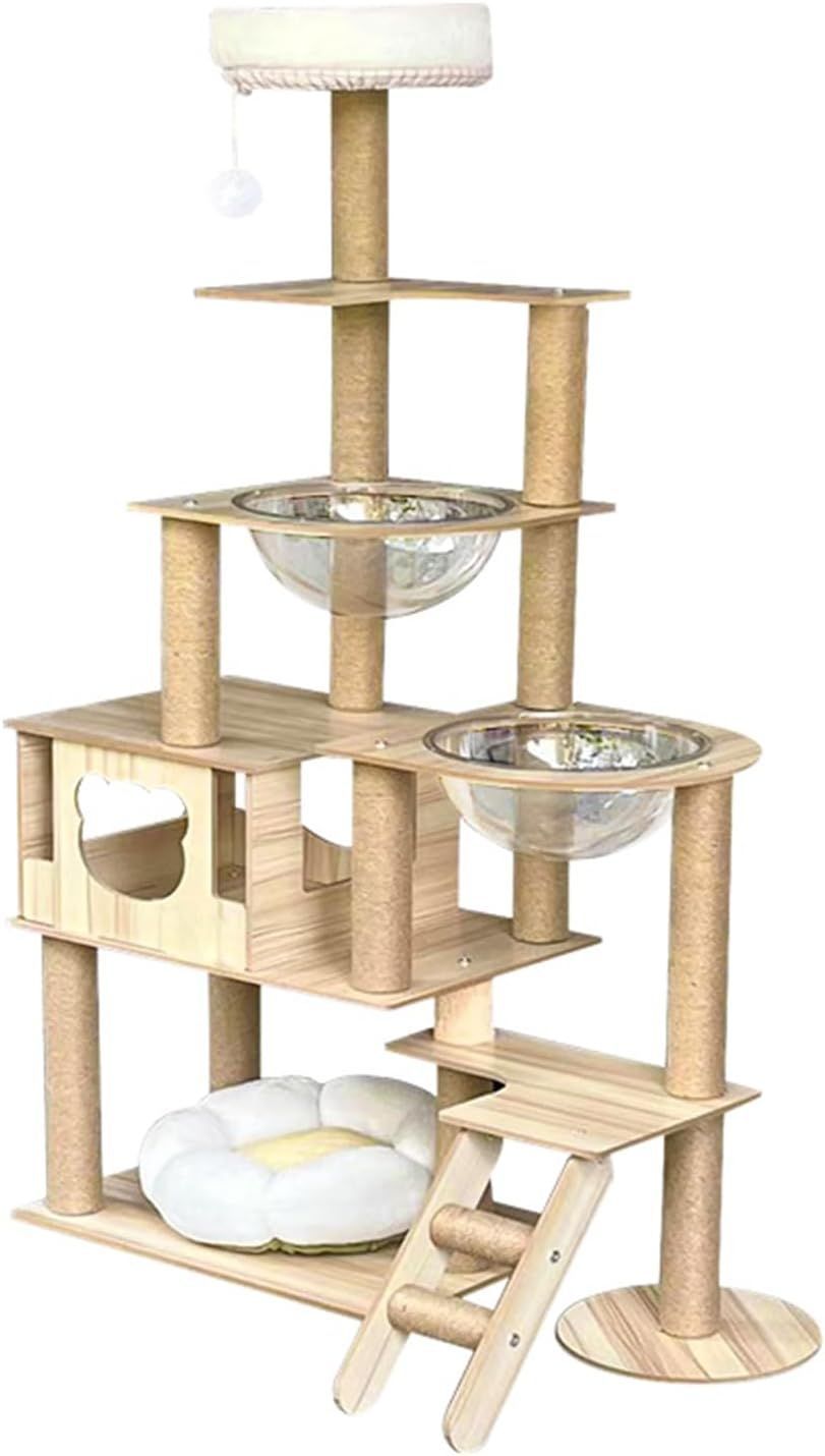 キャットタワー 猫タワー 登りやすい ねこハウス スリム 高さ165cm 天然麻紐 据え置き型 爪とぎポール 宇宙船 見晴台 多頭飼い 運動不足解消 お手入れ簡単 丸角設計 省スペース 木製 高い安定性