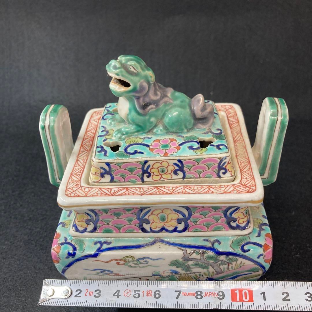 粉彩 獅子つまみ香炉 木箱付 高さ14.5㎝ 本Y5-0524☆1Fトヒコカ