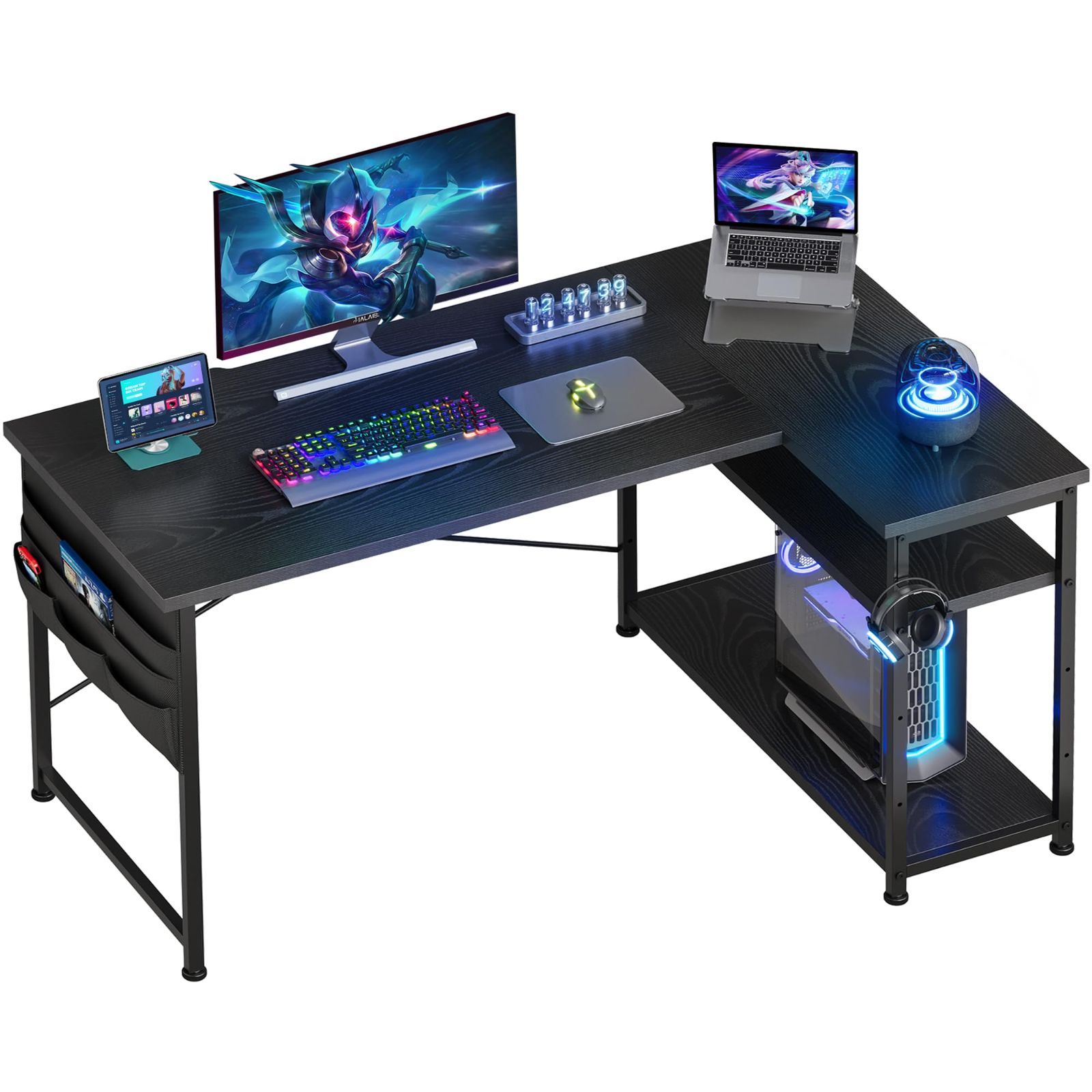 ゲーミングデスク l字デスク デスク 幅120cm pcデスク コーナーデスク 棚板高さ調節可能 収納袋付き L字型 PC YeTom 勉強机 作業 在宅勤務 リモートワーク ゲーム 書斎 収納ラック付き 黒い