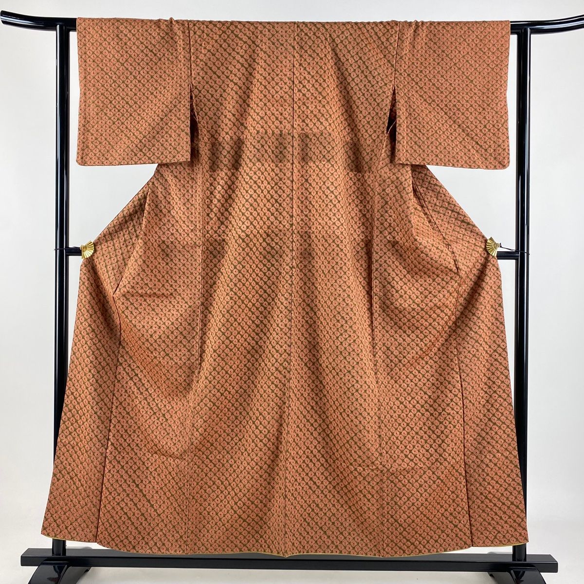 小紋 身丈155cm 裄丈61cm S 袷 胴抜き 幾何学模様 絞り 茶緑色 正絹 秀品