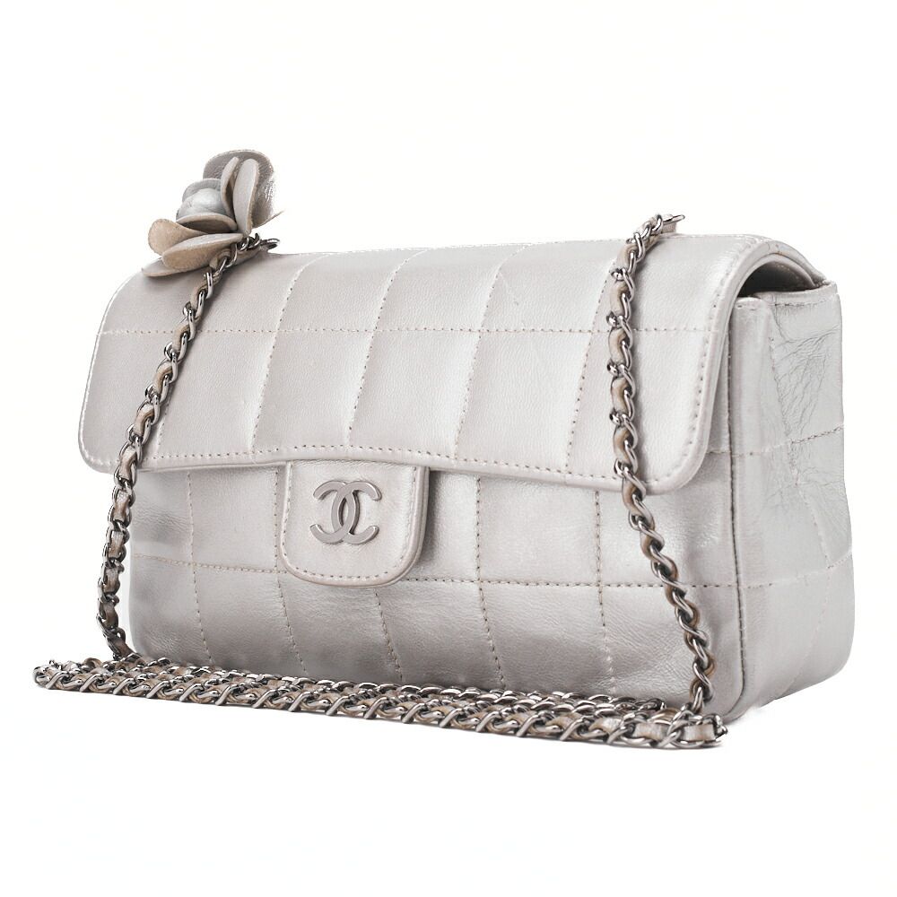 CHANEL シャネル チョコバー カメリア プッシュロック チェーンショルダー ラムスキン シルバー シルバー金具 レディース バッグ ショルダーバッグ レディース