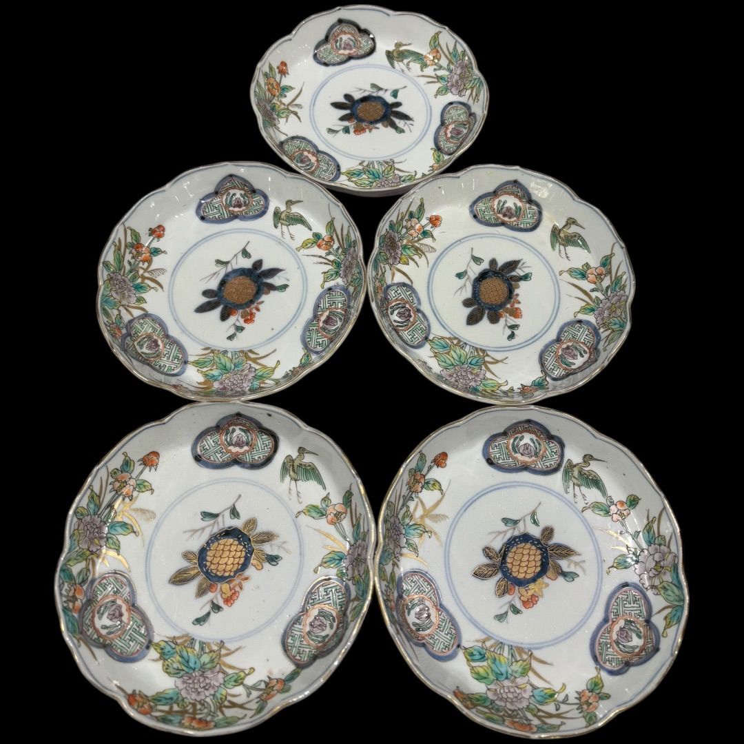 古伊万里 鳥の図 色絵 刺身皿 変形皿 五客 錦手 鴛鴦 鶴 瓢箪 CL96 古伊万里 鳥の図 色絵 刺身皿 変形皿 五客 錦手 鴛鴦 鶴