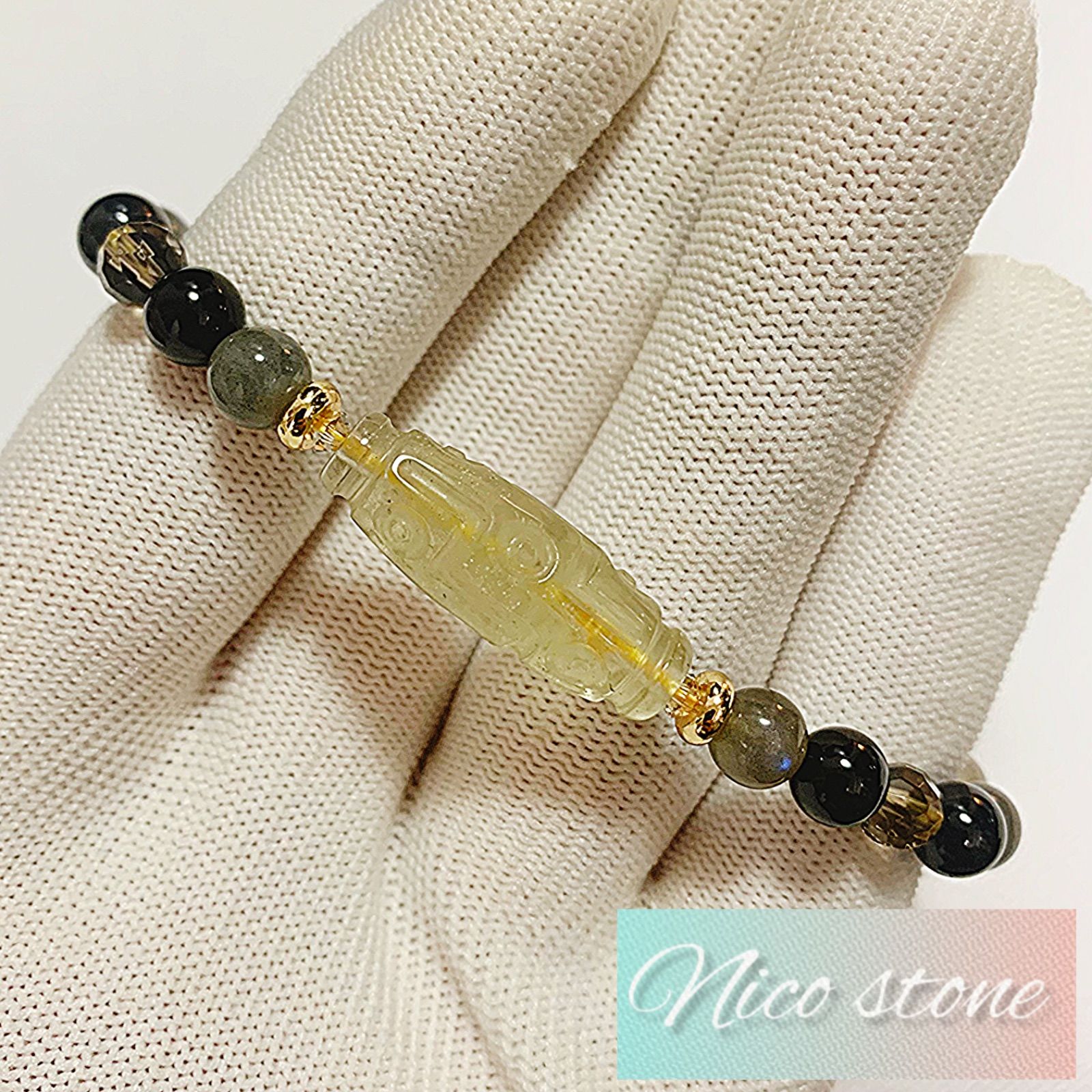 リビアングラス 天然石 ブレスレット グリーンターラ 三眼天珠 【公式