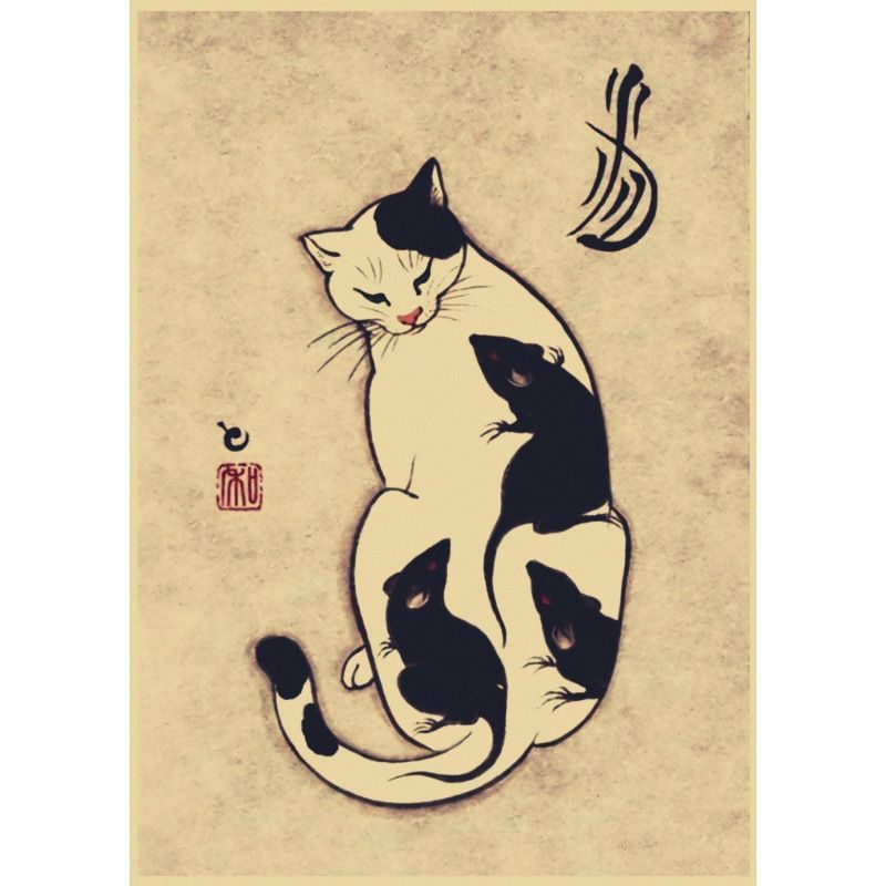 猫の絵 A3 入れ墨 猫 tatoo cat 絵 クラフト紙 猫画 猫グッズ 彫