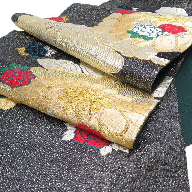 袋帯 振袖用 中古 唐織 花模様 牡丹 菊 箔糸 黒色 多色 金 A894