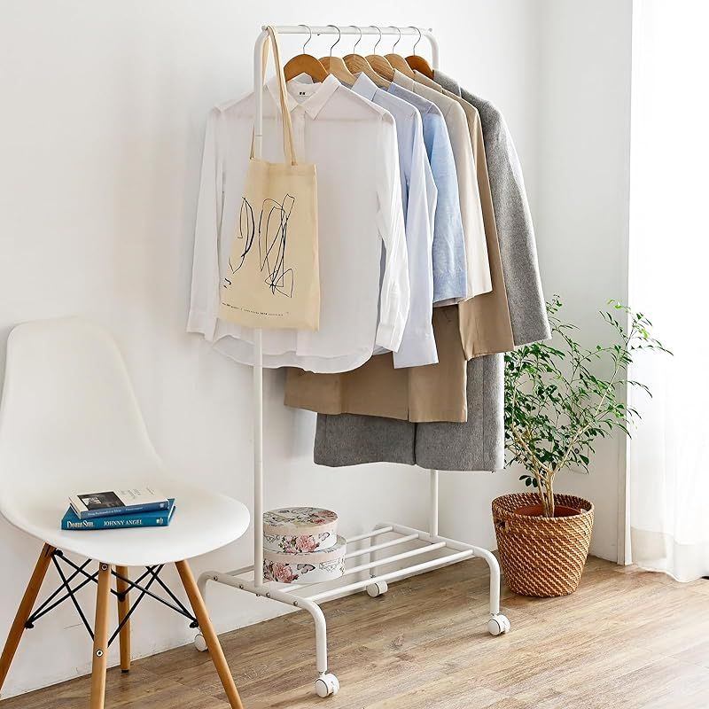 [山善] ハンガーラック 棚付き 幅60×奥行43×高さ150cm スリム キャスター付き 衣類収納 一人暮らし 組立品 マットホワイト ATH-S(MWH) 0