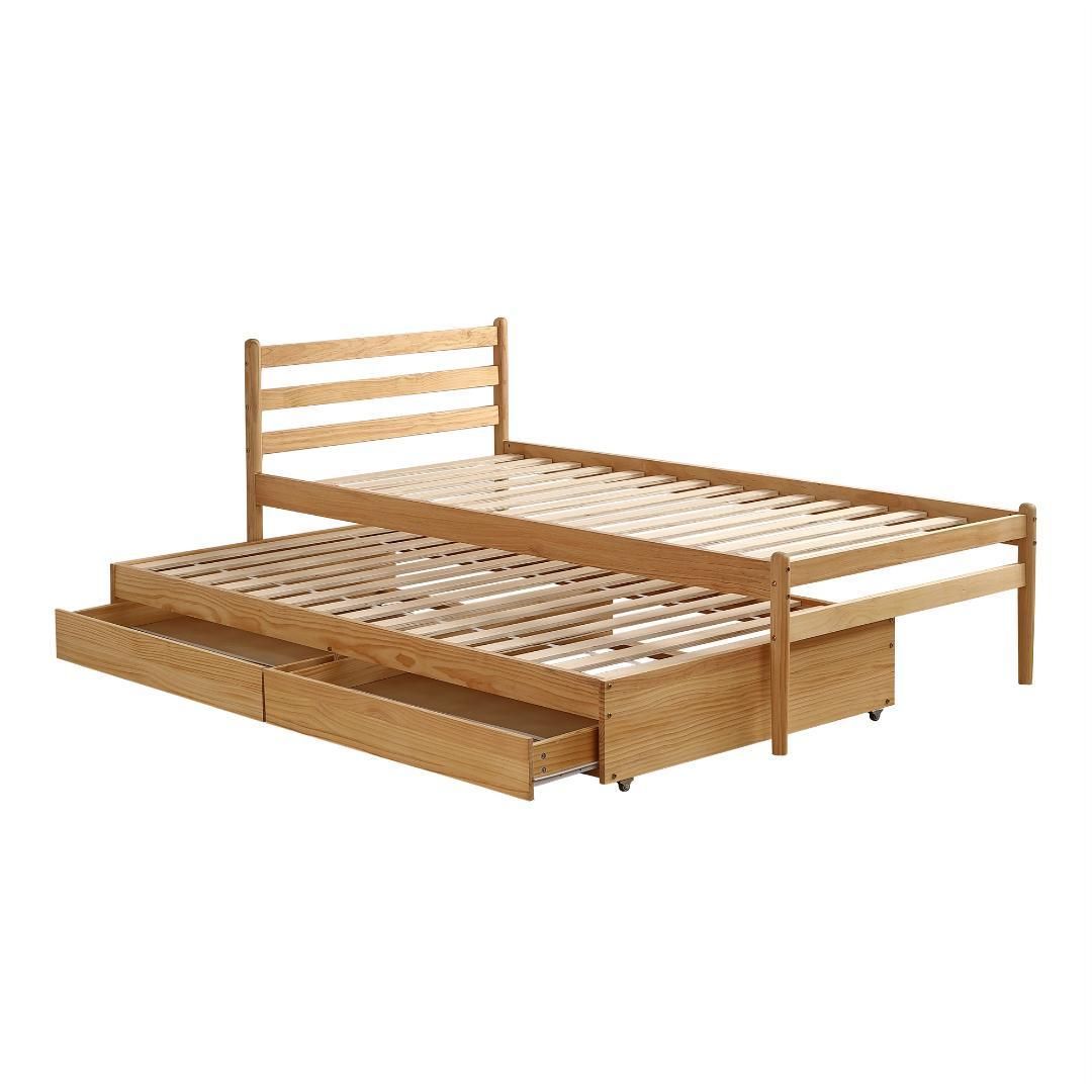 親子ベッド フレームのみ 無垢材シングルベッド 引き出し付き 木製すのこ収納付き