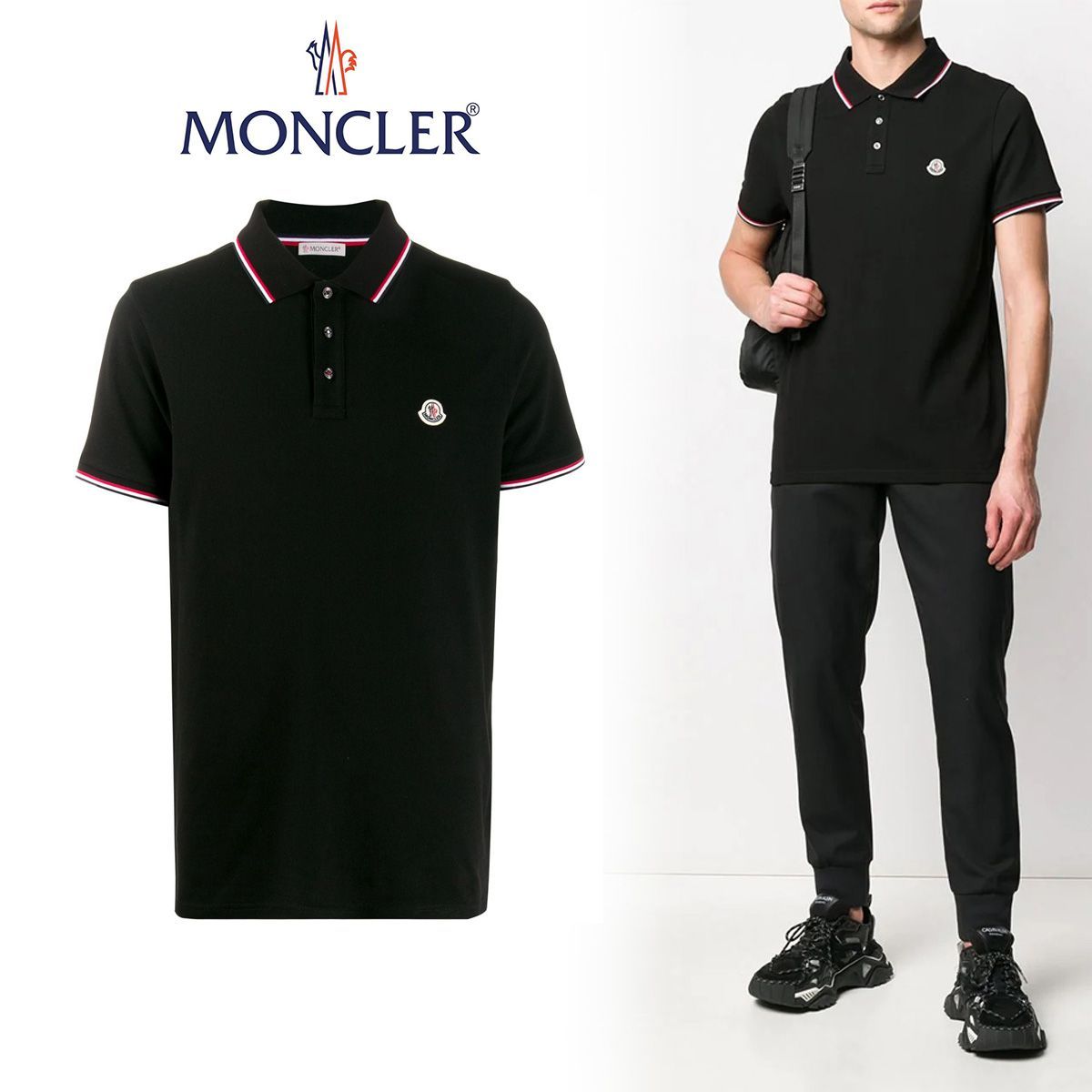 47 MONCLER ブラック トリコロールライン ロゴ 半袖 ポロシャツ