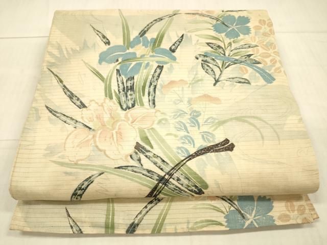 平和屋着物＊夏物 アンティーク 大正ロマン 丸帯 草花文 銀彩 正絹 DAAX0015cm