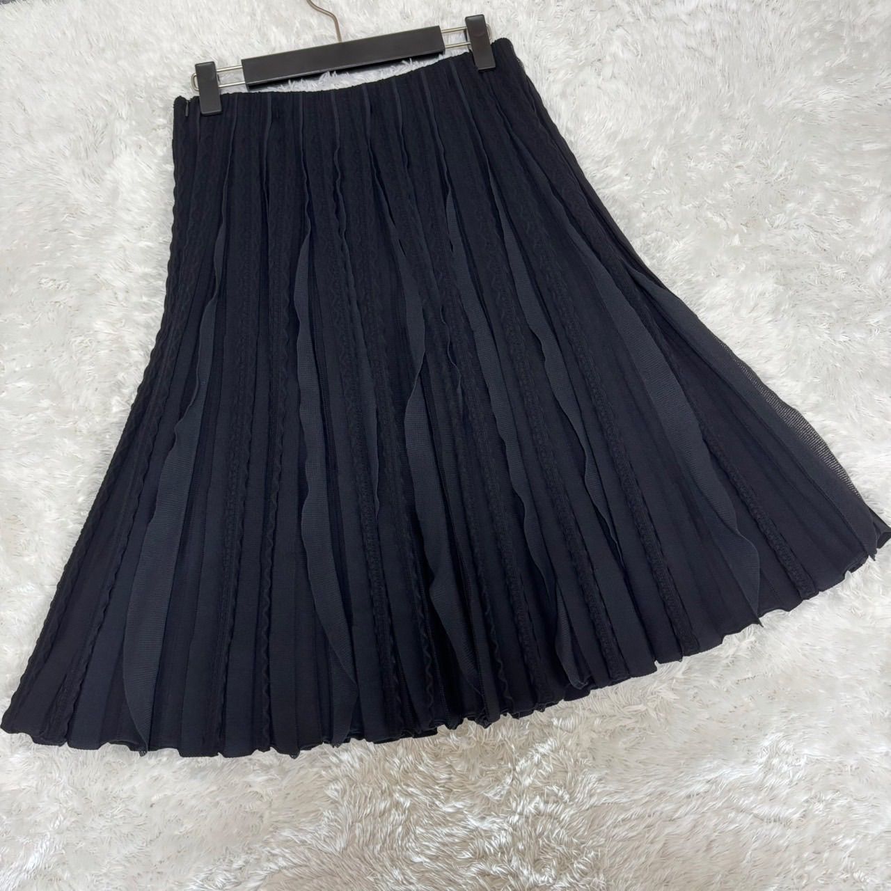 20年 FOXEY ニットプリーツスカート 波模様 フリル 41231 ブラック GULLKHAN_COM