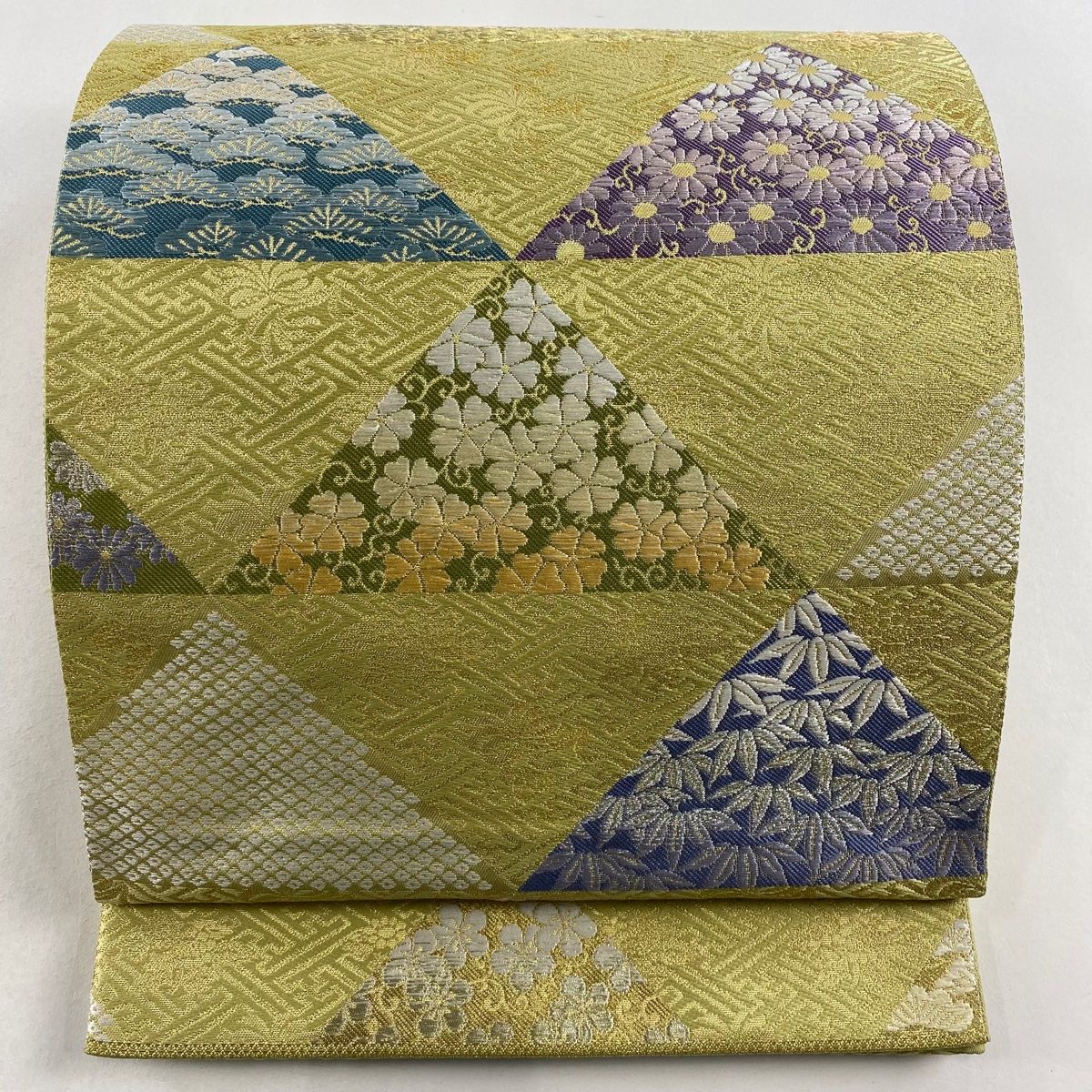 袋帯 名品 関西仕立て 松竹梅 鱗 金糸 箔 抹茶色 六通 正絹