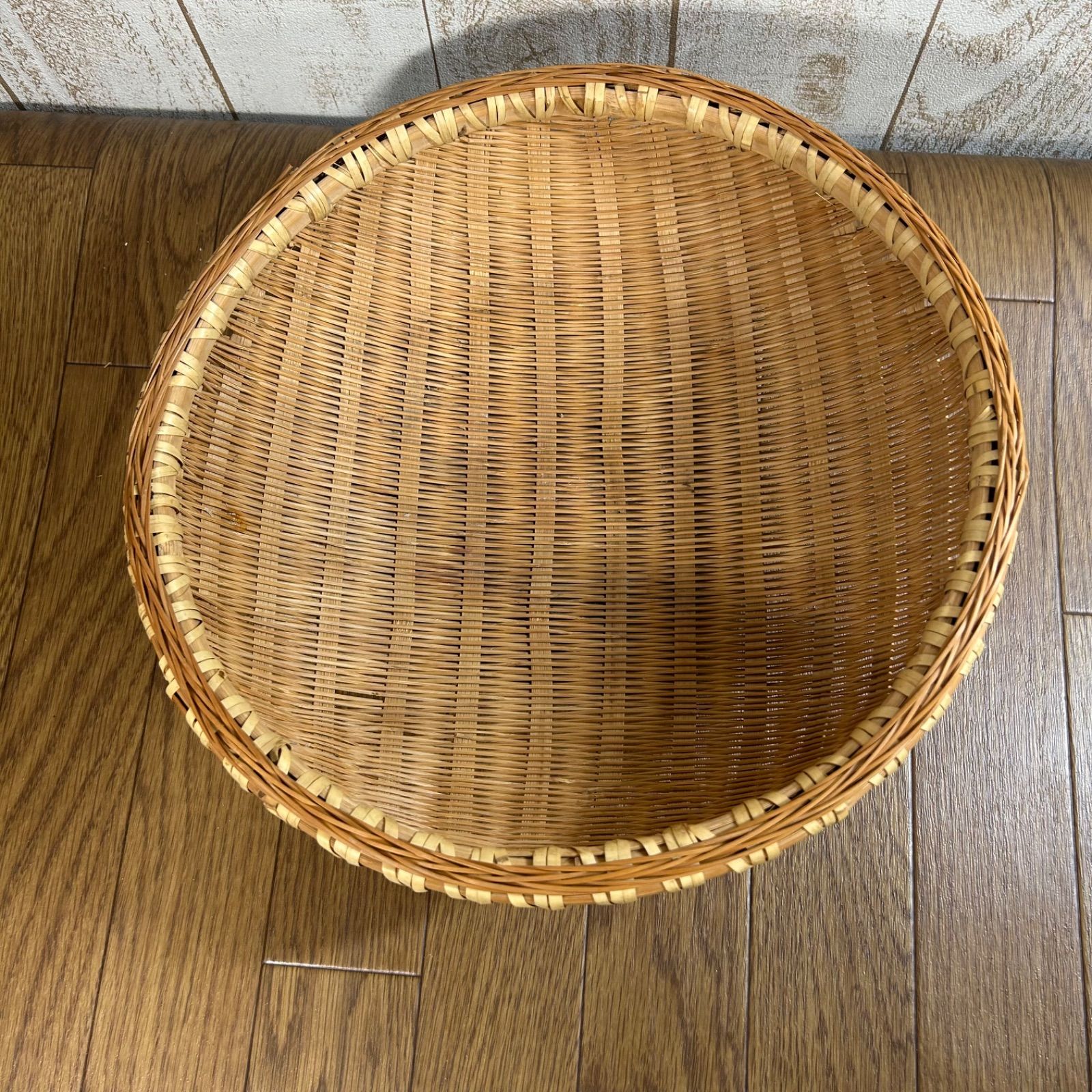 値下げしました！竹籠台付　まきす　ザル　古民具　古道具　昭和レトロ 昭和レトロ】竹編み 竹箕 竹籠 竹ざる 古民具 古道具 古農具