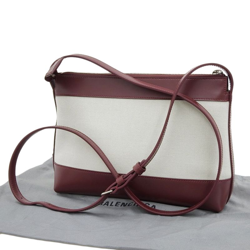 バレンシアガ BALENCIAGA ネイビークロスボディ ショルダーバッグ キャンバス レザー ホワイト ボルドー 639497 中古 新入荷 OB2481 バレンシアガ BALENCIAGA ネイビークロスボディ ショルダーバッグ