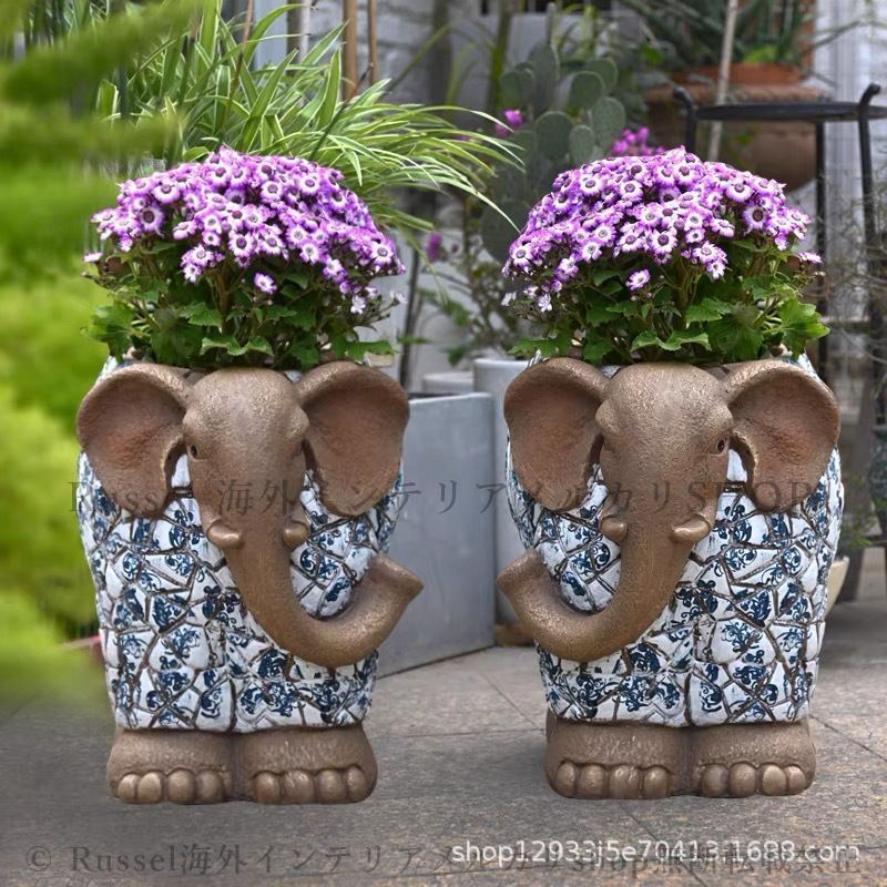 象の植木鉢 動物 おしゃれ 陶器 大きめ セット プランターカバー プランター ブルー ホワイト アジアン ガーデニング 装飾 鉢 置物 バルコニー 中庭 8-14