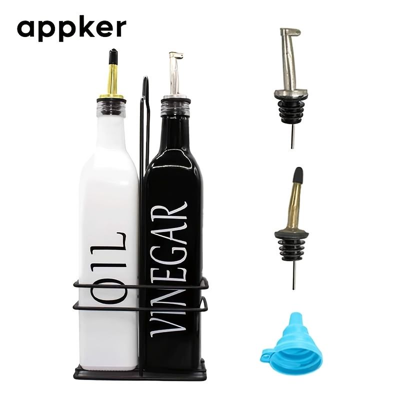 APPKER 1セット ガラス製オイル＆ビネガークルエットボトルセット、鉄製ラック、漏斗＆ノズル付き - 手洗いのみ、PVCフリー、長方形、キッチン調味料ディスペンサ用のパターンデザイン
