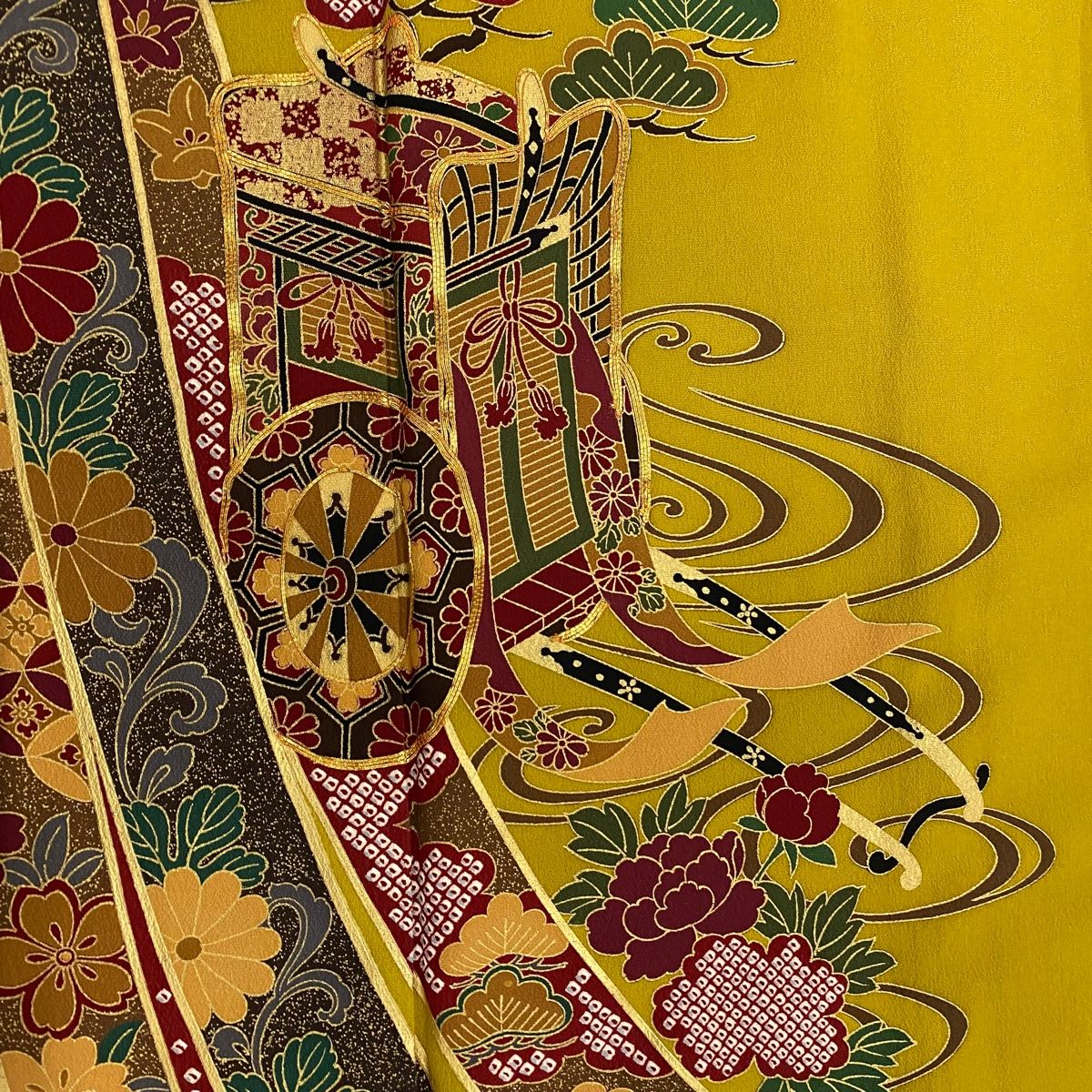 振袖 身丈162.5cm 裄丈65cm M 袷 御所車 桧扇 刺繍 金糸 青 正絹 秀