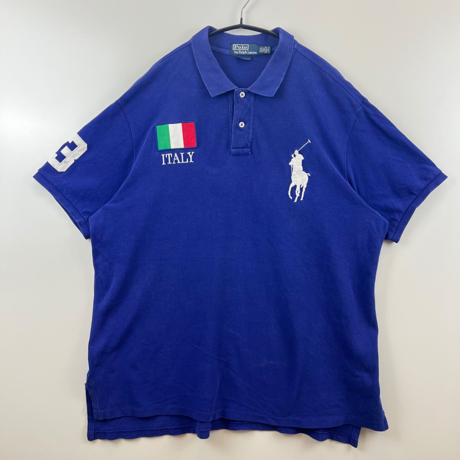 ラルフローレン ポロシャツ ビックポニー イタリア国旗 ITALY ブルー S 90s】ポロラルフローレン 刺繍 ビッグポニー イタリー イタリア