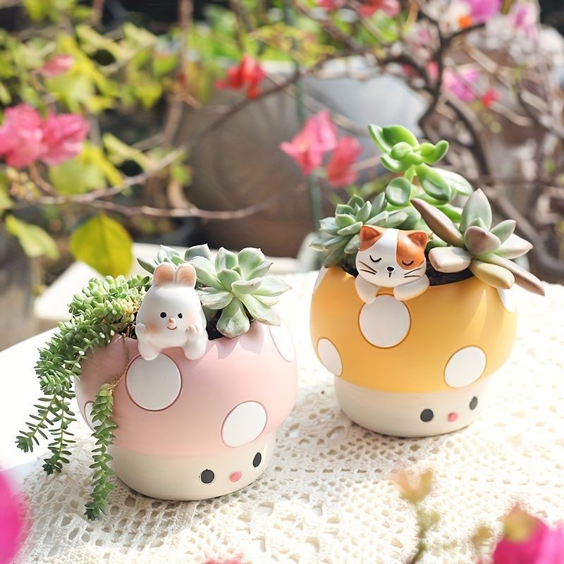 鉢植え 植木鉢 プランター プラントポット フラワーポット ミニプランター ミニチュア 花瓶 ガーデニング 樹脂 屋内 屋外 室内 インテリア 庭 玄関 顔つきキノコ きのこ 可愛い 多肉植物 サボテン ミニサイズ ピンク レッド イエロー ブラウン
