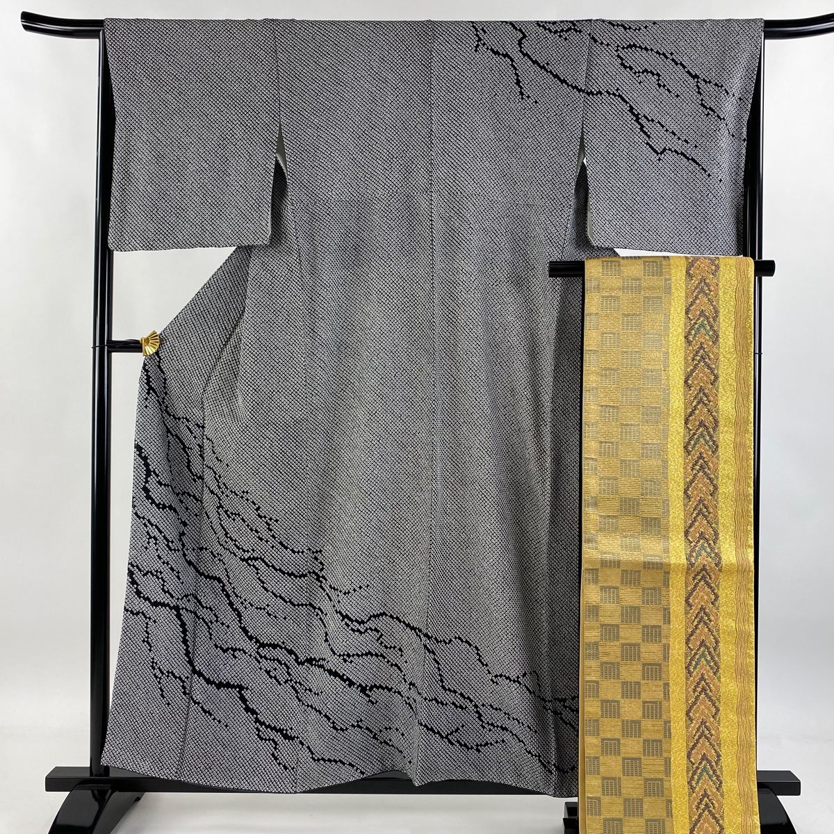 訪問着 身丈158cm 裄丈66cm M 袷 袋帯セット 落款 霞 総絞り 黒 正絹 秀品