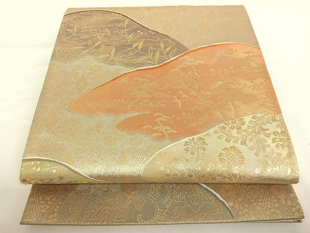 名古屋帯 鳥に花唐草 金彩 開き 正絹 AO-4882 佐賀錦花喰い鳥に花唐草模様織出し袋帯【中古】【着】：Kimono